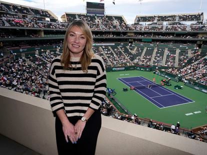 Lindsay Brandon, the WTA's new director of safeguarding, poses for a portrait at the BNP Paribas Open tennis tournament Friday, March 10, 2023, in Indian Wells, Calif.