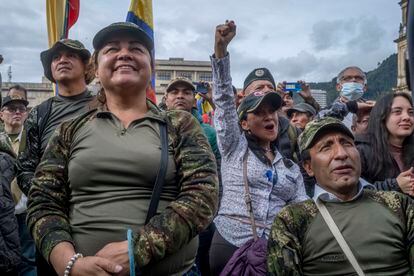 Military veterans demonstrate in the Plaza Bolívar, Bogotá, on May 10, 2023.