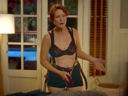 Actress Cynthia Nixon during a scene from the TV series 'And Just Like That…' in which she attempts to wear a strap-on.