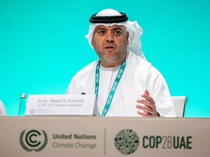 Ambassador Majid Al Suwaidi, Director-General of COP28 climate conference, speaks to journalists during a press conference at the 2023 United Nations Climate Change Conference (COP28), in Dubai, UAE, 30 November 2023.