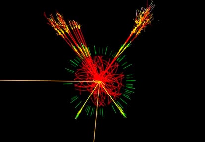 A simulation of the creation of a Higgs boson in the Large Hadron Collider (LHC) at CERN.