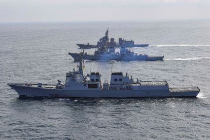 South Korean Navy's destroyer Yulgok Yi I, the U.S. Navy's destroyer USS Benfold and Japan Maritime Self-Defense Force's destroyer Atago take part in joint naval missile defense exercises on April 17, 2023.