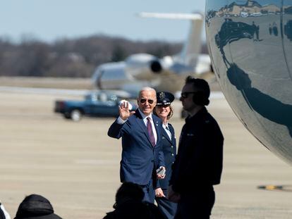 Joe Biden, about to board Air Force One, at Andrews Air Force Base, to head to New Hampshire on Monday.
