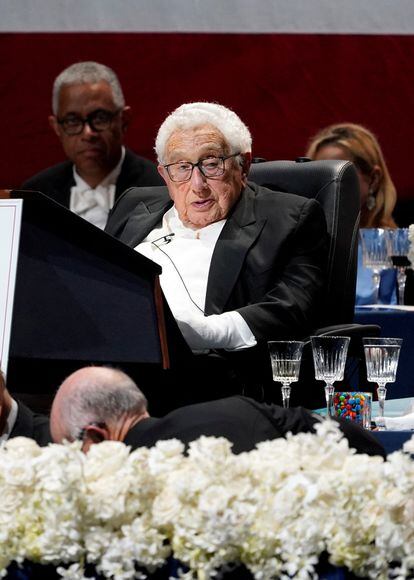 Henry Kissinger delivers a speech at the Alfred E. Smith Foundation dinner in New York; October 19, 2023.