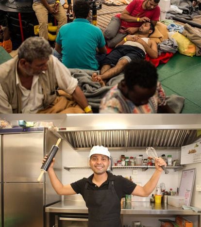 Ali Hazrat on the ship, and at the restaurant where he now works.