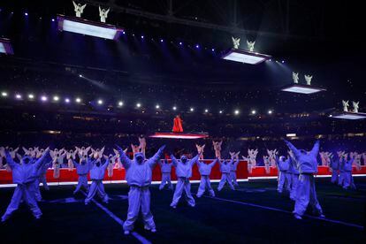 Rihanna performs during halftime of the Super Bowl.
