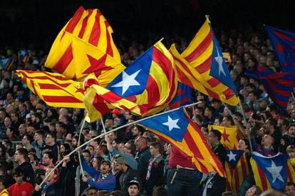 Barcelona FC fans wave their pro-independence flags at a recent game.