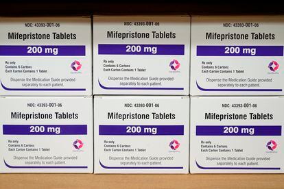 Boxes of the drug mifepristone sit on a shelf at the West Alabama Women's Center in Tuscaloosa, Ala., March 16, 2022