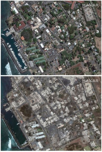 This combination of satellite images provided by Maxar Technologies shows an overview of Banyan Court in Lahaina on Maui, Hawaii, on June 25, 2023, top, and an overview of the same area on Wednesday, Aug. 9, following a wildfire that tore through the heart of the Hawaiian island.   
