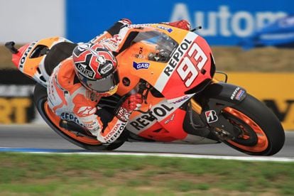 MotoGP rider Marc M&aacute;rquez of Spain on his motorcycle competes in the third free practice session at the Czech Republic Grand Prix.