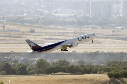 A LAN plane takes off from Barajas airport in Madrid.