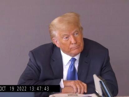 In this image taken from video released by Kaplan Hecker & Fink, former President Donald pauses during his October 19, 2022, deposition for his trial against writer E. Jean Carroll.
