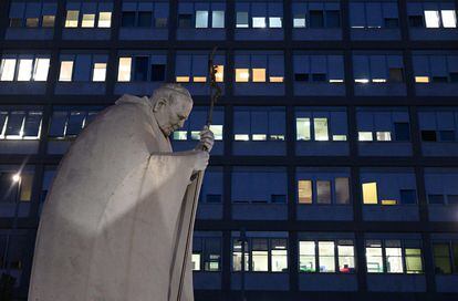 A statue of late Pope St. John Paul II in front of the Agostino Gemelli hospital in Rome, Italy, 29 March 2023.