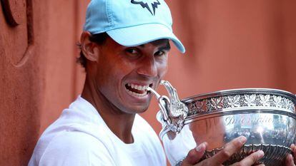 Rafa Nadal celebrating his 11th Roland Garros victory on Sunday.