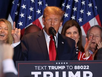 Donald Trump speaks during his South Carolina Republican presidential primary election night party in Columbia, South Carolina, U.S. February 24, 2024.