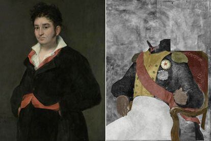 The <i>portrait of Don Ramón Satué</i> and, on the right, the work discovered under the oil paint.