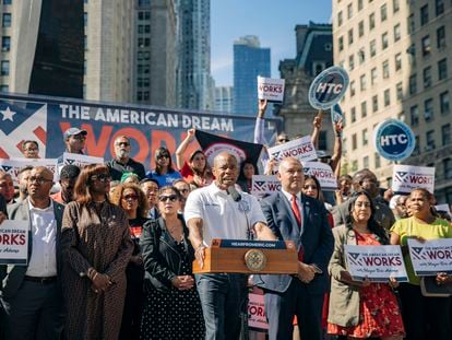 New York City Mayor Eric Adams speaks at a rally for asylum seekers