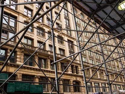 A typical scaffolding structure around a building in New York City.