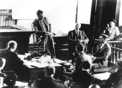 Colonel Charles A. Lindbergh testifies from the stand in Hauptmann's trial for the disappearance and murder of his son. 