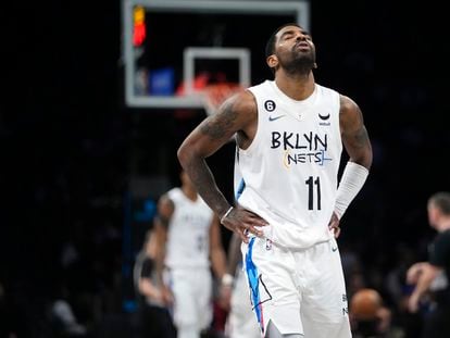 Brooklyn Nets' Kyrie Irving reacts during the second half of the team's NBA basketball game against the Detroit Pistons Thursday, Jan. 26, 2023 in New York.