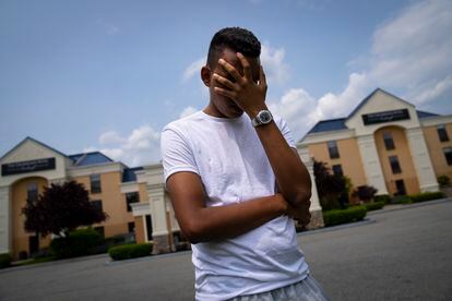 Mohamed, a 19-year-old fleeing political persecution in the northwest African country of Mauritania, outside the Crossroads Hotel on Monday, May 22, 2023, in Newburgh, N.Y.
