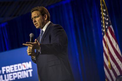 Ron DeSantis, governor of Florida, speaks during a Freedom Blueprint event in Des Moines, Iowa