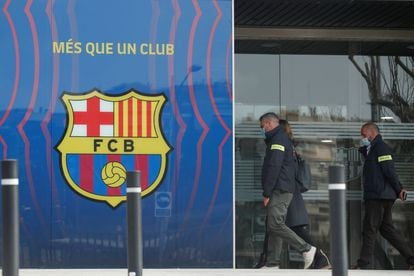 Poilce enter the offices of FC Barcelona on Monday.