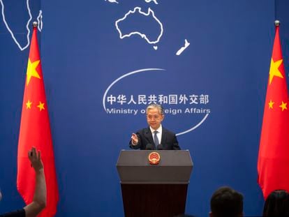 Chinese Foreign Ministry spokesperson Wang Wenbin during a regular press conference in Beijing, May 9, 2023.
