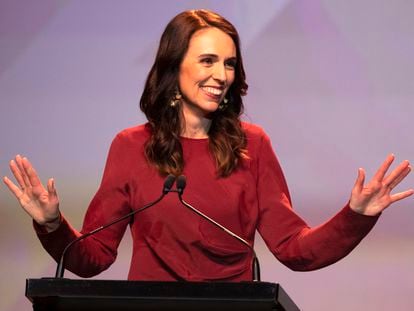 New Zealand's Prime Minister Jacinda Ardern gestures as she gives her victory speech to Labour Party members at an event in Auckland, New Zealand, Oct. 17, 2020.