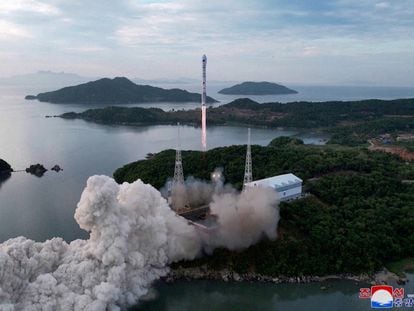 A still photograph shows what appears to be Chollima-1 rocket being launched in Cholsan County, North Korea, May 31, 2023