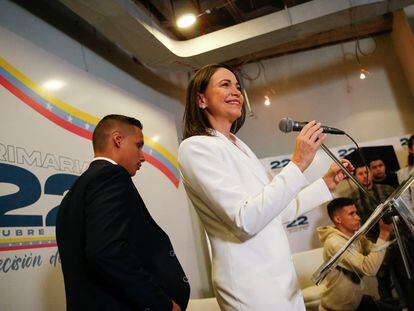 Venezuelan opposition leader Maria Corina Machado holds a press conference following her victory in the October 22 opposition's primary election, in Caracas, Venezuela, Oct. 26, 2023.