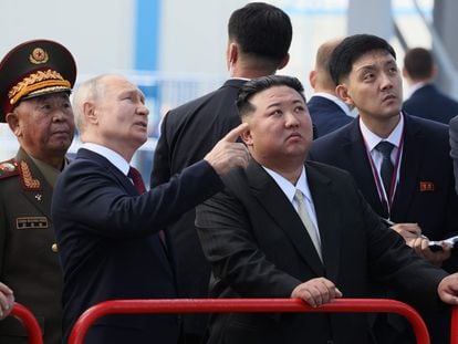 Russia's President Vladimir Putin and North Korea's leader Kim Jong-Un visit the Vostochny Cosmodrome in Amur region on September 13, 2023.