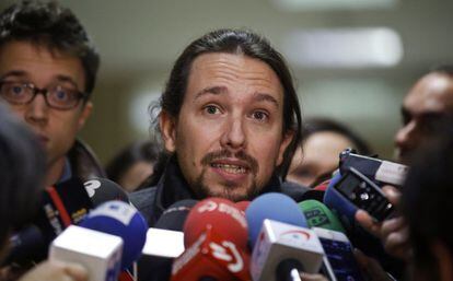 Podemos leader Pablo Iglesias talks to reporters in Madrid on Monday.