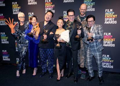 The cast and directors of 'Everything Everywhere All at Once' at the Spirit Awards.