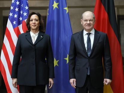 German Chancellor Olaf Scholz and U.S. Vice-President Kamala Harris at the Munich Security Conference.