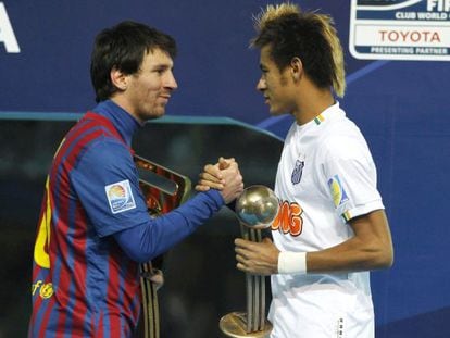 Leo Messi (left) and Neymar greet each other during the Club World Cup in 2011.