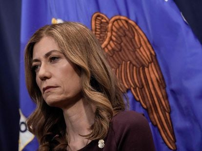 Administrator of the Drug Enforcement Administration Anne Milgram looks on during a news conference at the U.S. Department of Justice headquarters April 14, 2023 in Washington, DC.