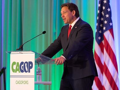 Florida governor Ron DeSantis delivers a speech at the California GOP Convention in Anaheim, California, on September 29, 2023.