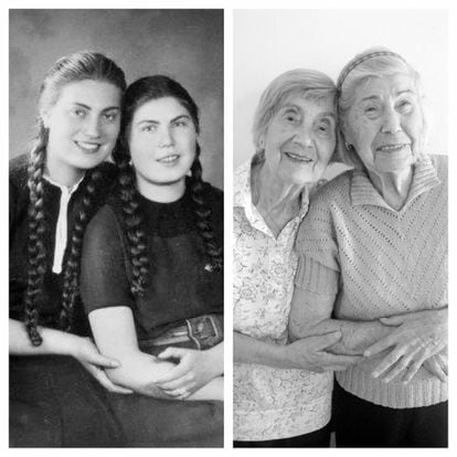 On the left, the sisters Bracha and Katka Berkovic shortly before the outbreak of World War I; on the right, seamstresses recreate the same photo in 2013.
