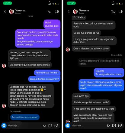 Screenshots of messages between  Vanessa 'N' and friends of Ariadna Fernanda López.