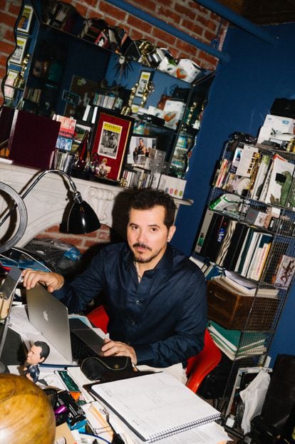 Leguizamo at his desk. In addition to being a star on screen, he’s also a social media star, where he is vocally anti-Trump.