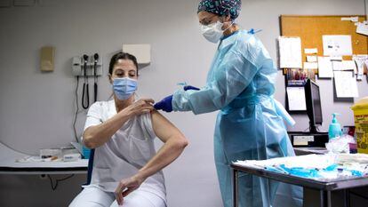 A frontline healthcare worker in the Valencia region getting vaccinated on Monday. 
