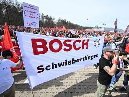 Bosch workers protest job cuts at the company's headquarters in Gerlingen-Schillerhöhe, Germany.