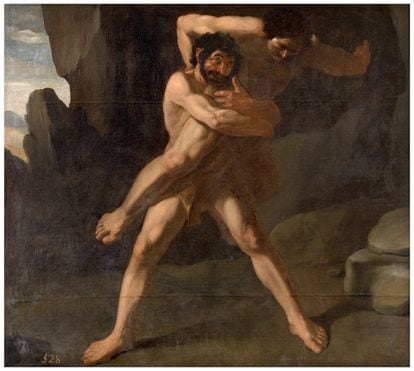 Oil painting by Zurbarán depicting the battle between Hercules and Antaeus, at the Prado Museum.