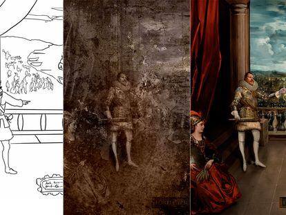 Sequence depicting artist Fernando Sánchez Castillo's reconstruction using AI of Velázquez's 'Expulsion of the Moriscos.'