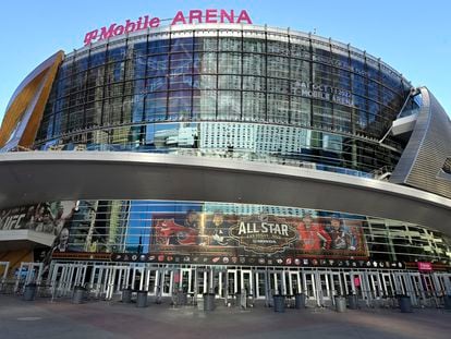 T-Mobile Arena stands in Las Vegas on Feb. 1, 2022, in Las Vegas. Food service workers at a Las Vegas Strip arena demanding higher pay and better benefits are set to march Thursday evening beneath the glittery lights of the famed tourist corridor amid ongoing negotiations for a union contract.