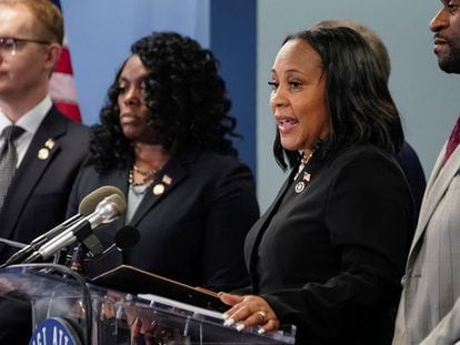 Fulton County District Attorney Fani Willis speaks to the media after a Grand Jury brought back indictments against former president Donald Trump and his allies in Atlanta, Georgia, U.S. August 14, 2023.