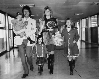 Paul and Linda McCartney with their daughters Stella, Mary and Heather, at Heathrow airport en route to Jamaica in 1973.