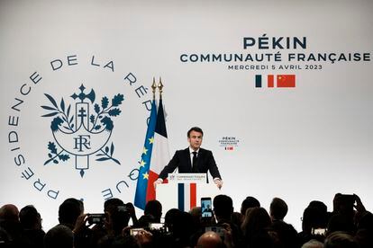 French President Emmanuel Macron gives a speech as he meets the French community, in Beijing, China, Wednesday, April 5, 2023.