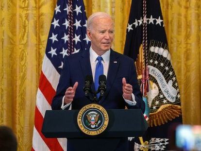 President Joe Biden speaks during a reception in the East Room of the White House in Washington, DC, on March 18, 2024.